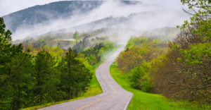 A road on lush green hills leading into a foggy part of the path